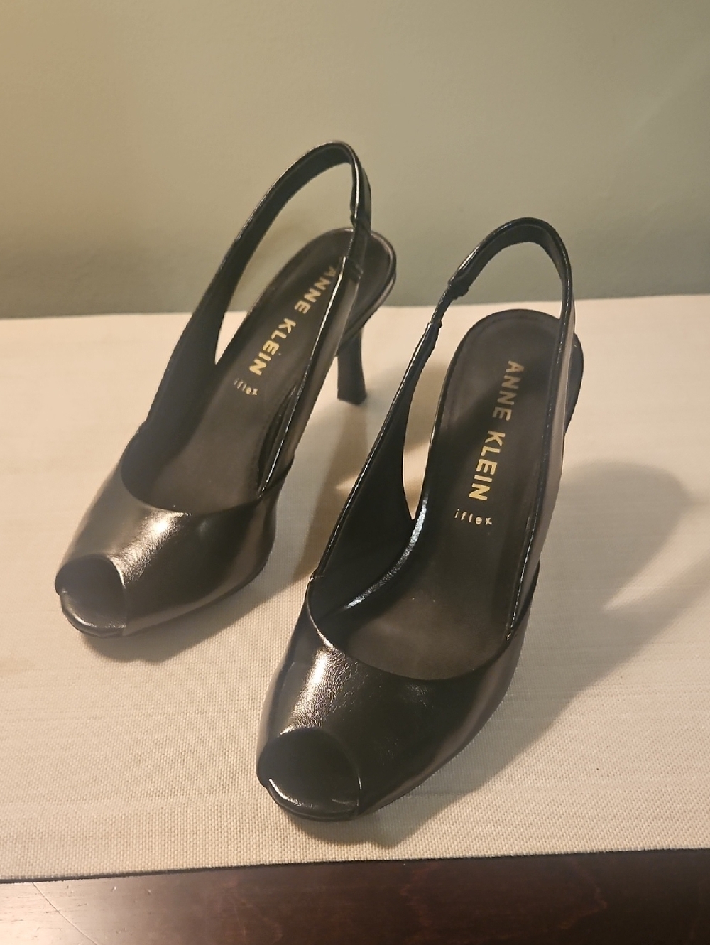 Anne Klein Black Patent Peep-Toe Slingback Heels